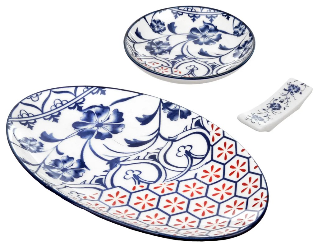 Set sushi 3 pezzi con decori blu e rossi Sushiko
