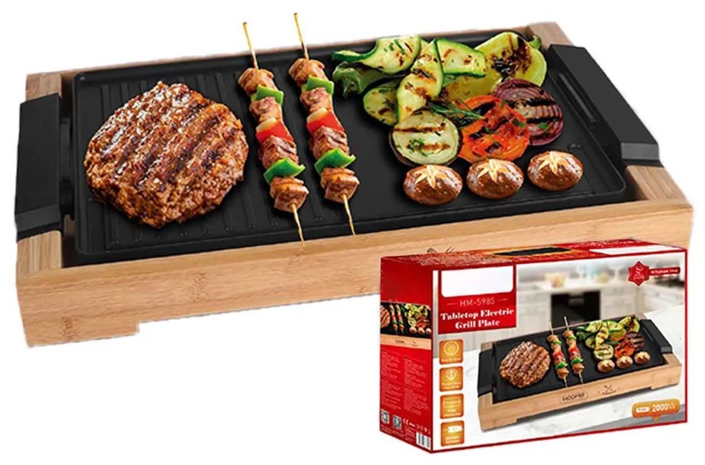 Piastra Grill Elettrica 2000W Rivestimento Antiaderente con Termostato Regolabile e Raccoglitore di Grasso Rimovibile 37.5x23cm Finitura Bambu