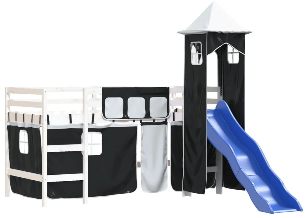 Letto a soppalco con torre bambini bianco e nero 90x190cm pino