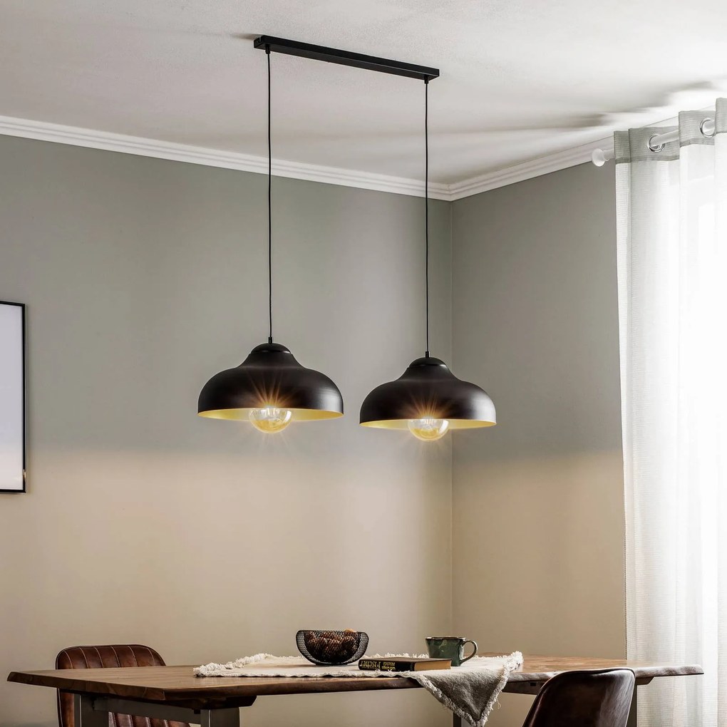 Luminex Lampada a sospensione Basca, esterno nero, interno dorato a 2 luci.