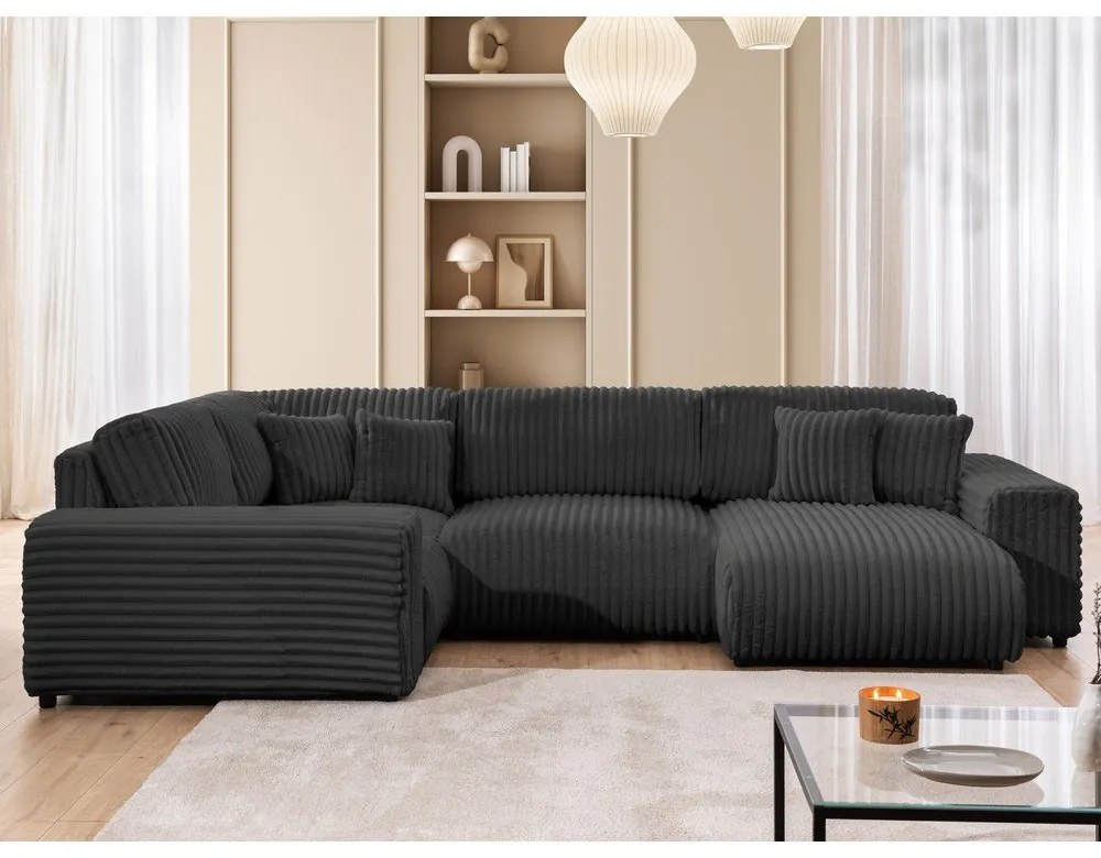 Divano angolare grigio scuro (con penisola a sinistra/a U) rivestito in velluto a coste Justin – Ropez