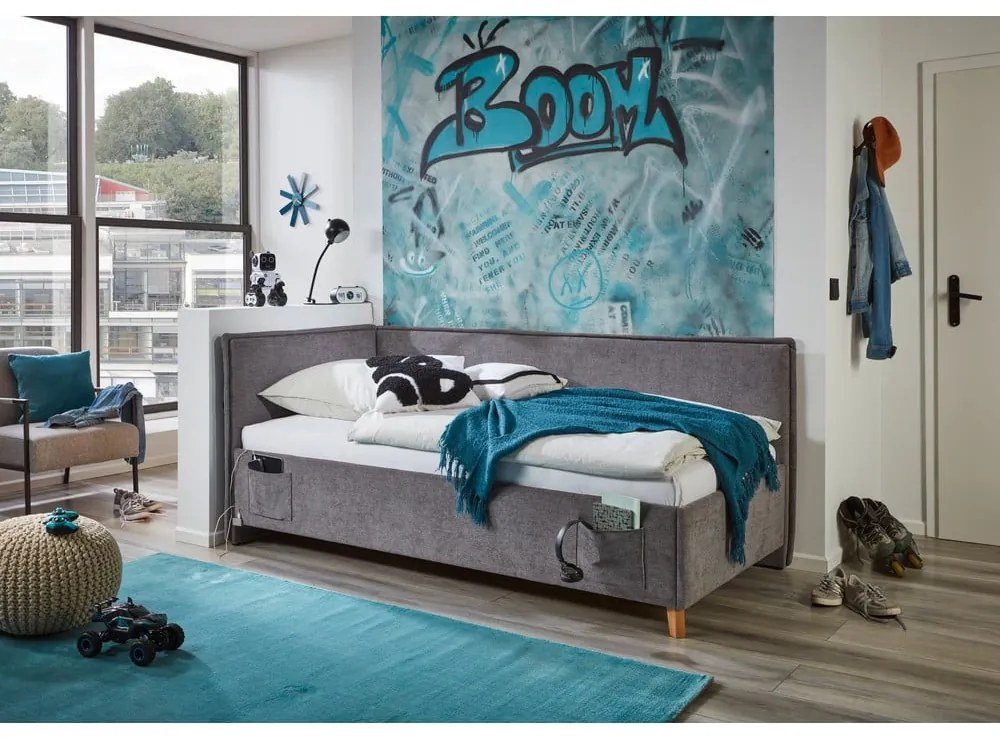 Letto da bambini con sponde grigio imbottito con contenitore con rete inclusa 90x200 cm Fun – Meise Möbel