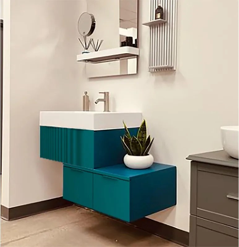 Mobile bagno sospeso con lavabo Modula blu petrolio cannettato, 3 cassetti per vasca centrale