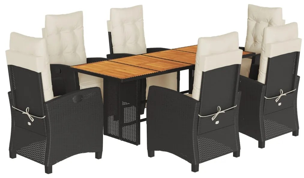 Set da pranzo da giardino 7 pz nero con cuscini in polyrattan