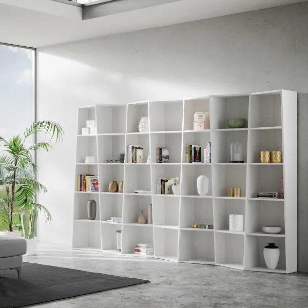 Libreria da parete con pannelli trapezoidali 317xh200 cm TREK 7 Bianco Frassino