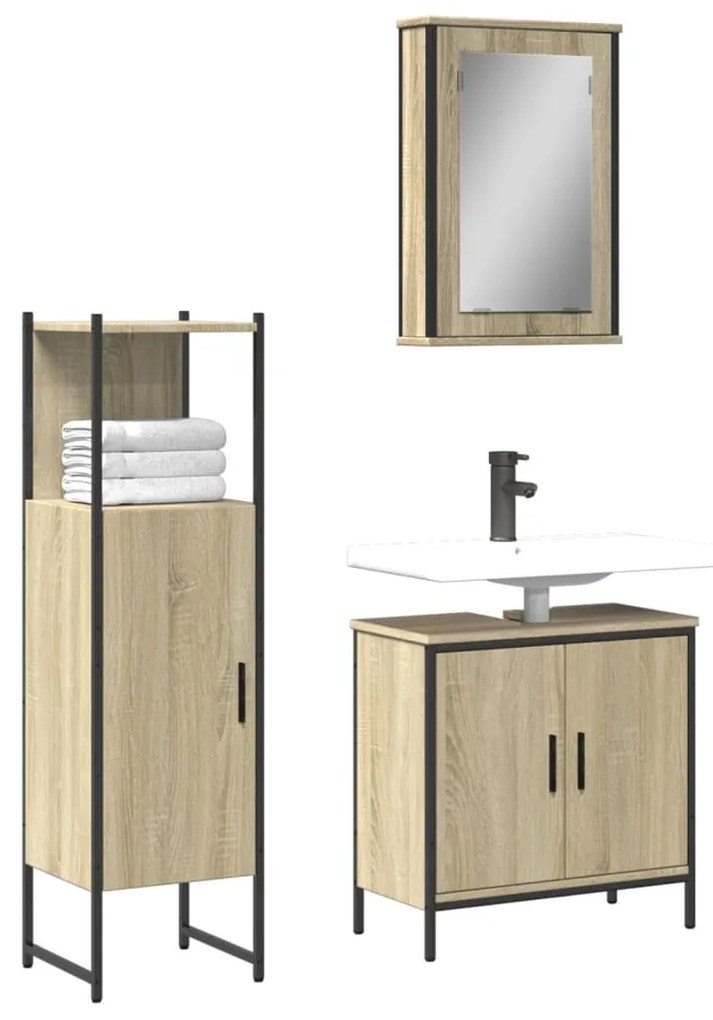 Set mobili da bagno 3 pz rovere sonoma in legno multistrato