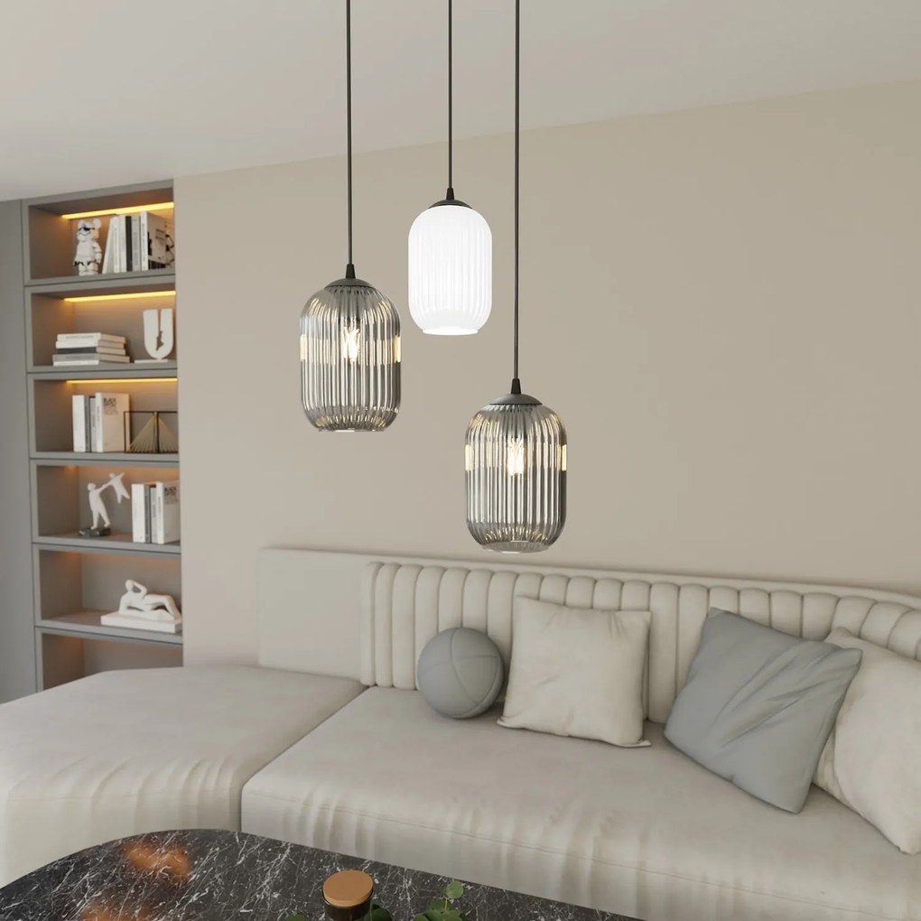 Lampadario 3 Luci Selene Base Tonda Acciaio Nero Vetri Plissettati Bianco E Fumè