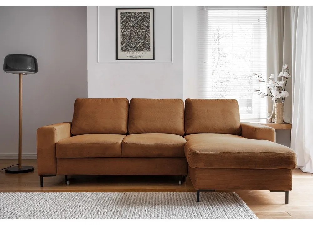 Divano letto in velluto a coste arancio-marrone (angolo destro) Lofty Lilly - Miuform