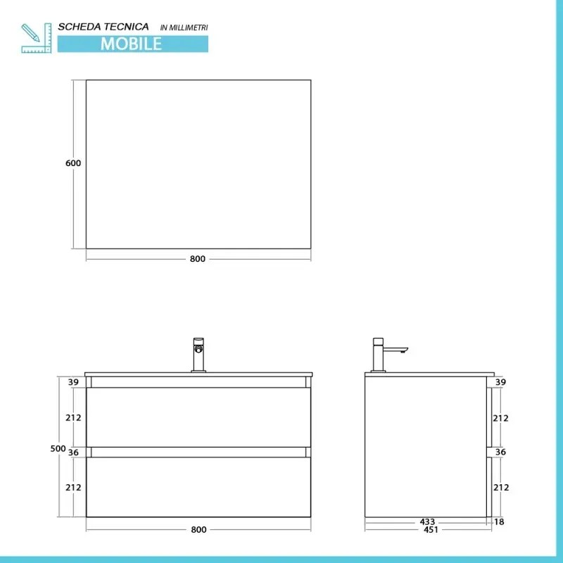Mobile bagno sospeso 80 cm ossido e rovere con cassetti soft-close Kleo