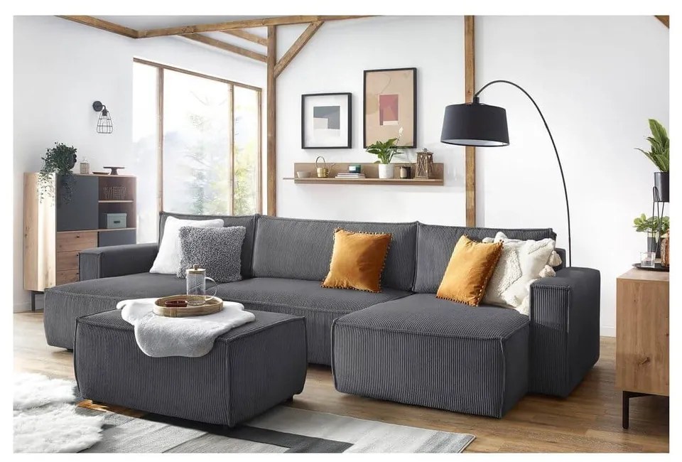 Sgabello in velluto a coste grigio scuro Nihad - Bobochic Paris