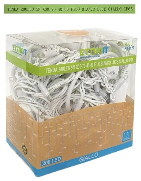 Tenda Luminosa Da Esterno IP65 5MT Con 200 Luci Led Bianco Caldo Giallo Effetto Cascata Con Connettore Prolungabile