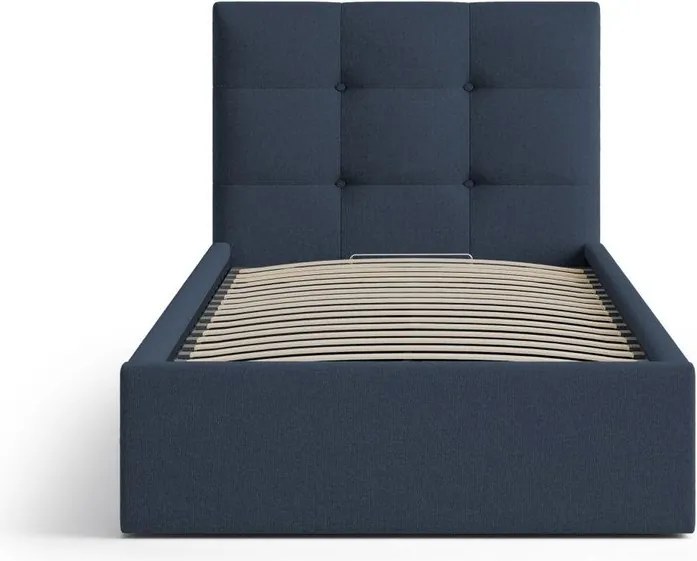 Letto singolo imbottito blu con contenitore con rete inclusa 90x200 cm Phaedra – Micadoni