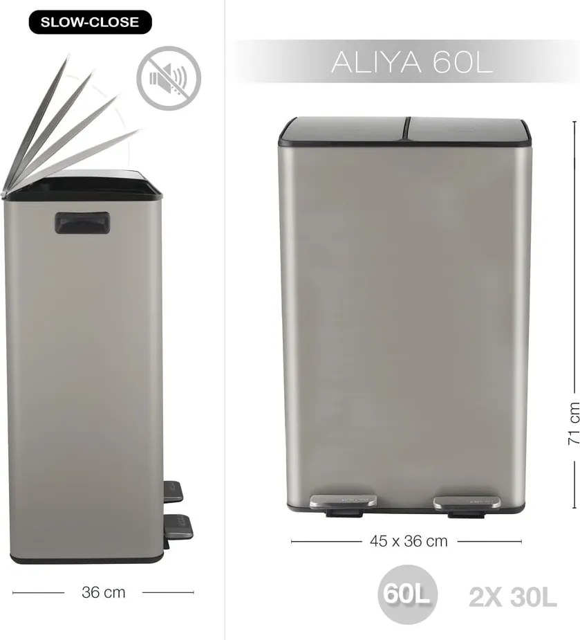 Cestino per la spazzatura grigio tortora in acciaio per raccolta differenziata/con pedale 2x30 l Aliya – Spirella