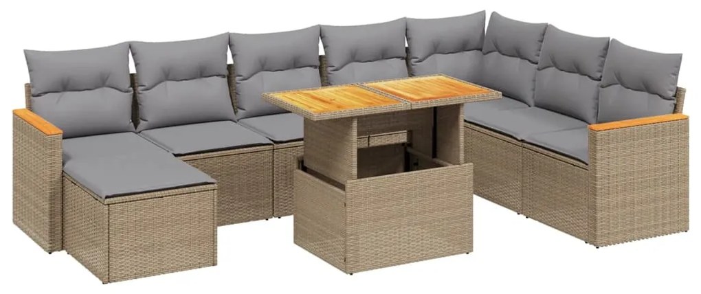 Set divano da giardino 9 pz con cuscini beige in polyrattan