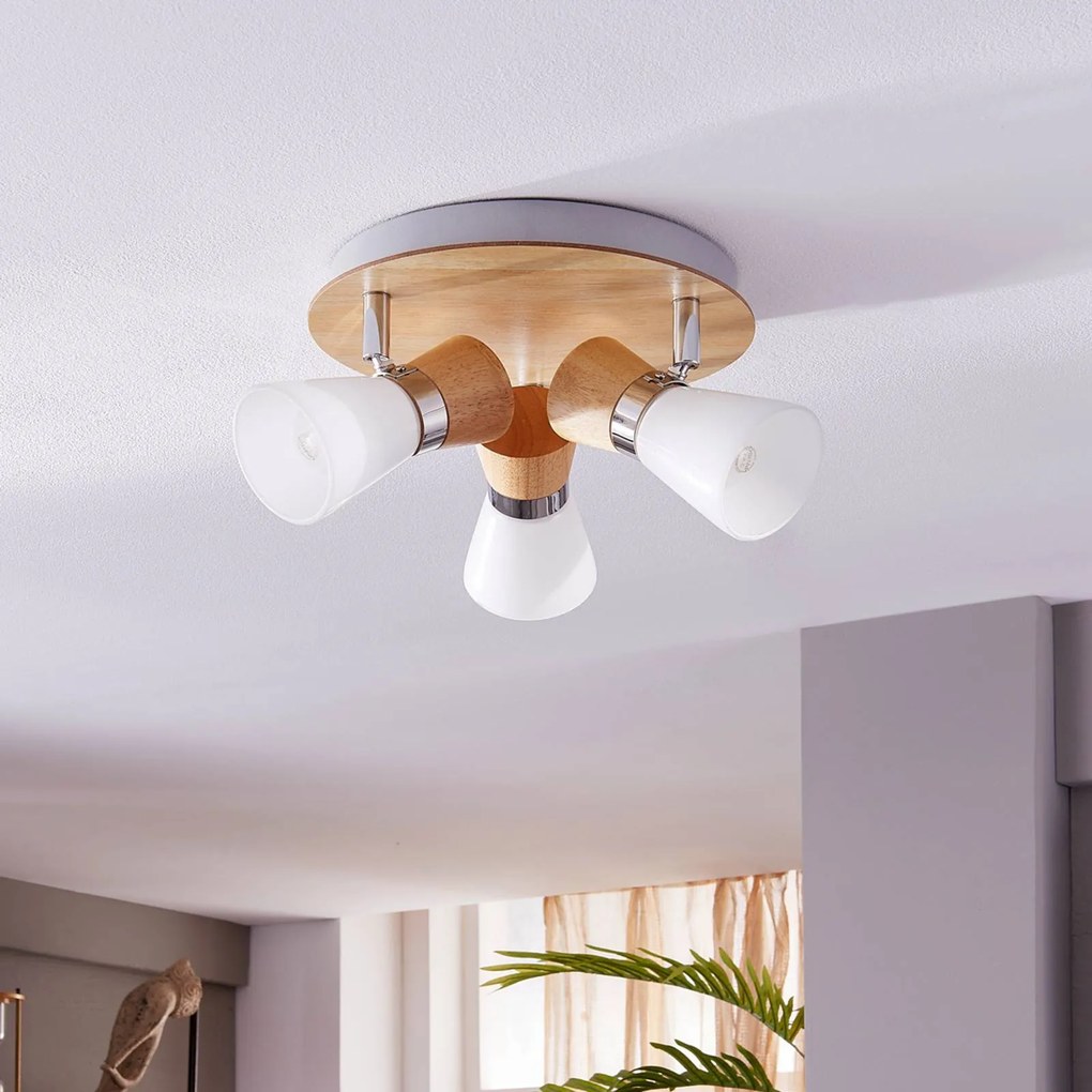Plafoniera Lindby Vivica, Ø 26 cm, cromo, vetro, legno Vivica Lindby, dimmerabile, Legno chiaro, Soggiorno / Sala da pranzo, Legno, Scandinavo, Plafoniera