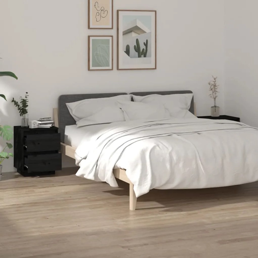 Comodini 2 Pz Neri 40x35x50 Cm İn Legno Massello Di Pino /