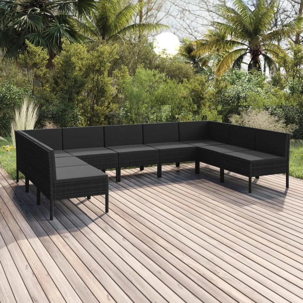 Set divani da giardino 9 pz con cuscini in polyrattan nero