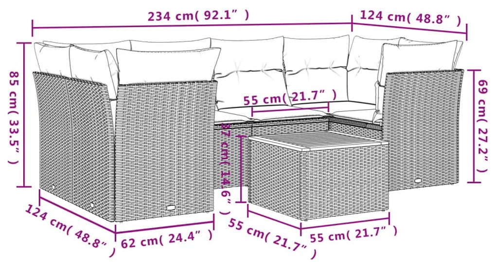 Set Divani da Giardino 7 pz con Cuscini Grigio in Polyrattan