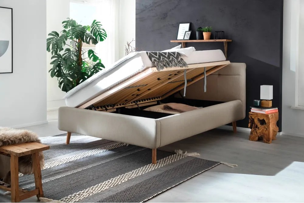 Letto matrimoniale imbottito beige con contenitore con rete inclusa 140x200 cm Lotte – Meise Möbel