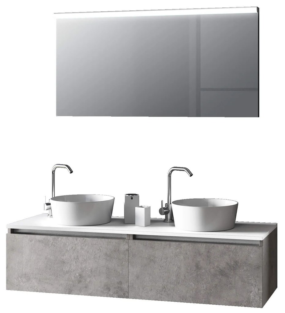 Mobile Bagno 140cm Con Doppio Lavabo, Base Con Cassetto E Specchio Con LED Integrato