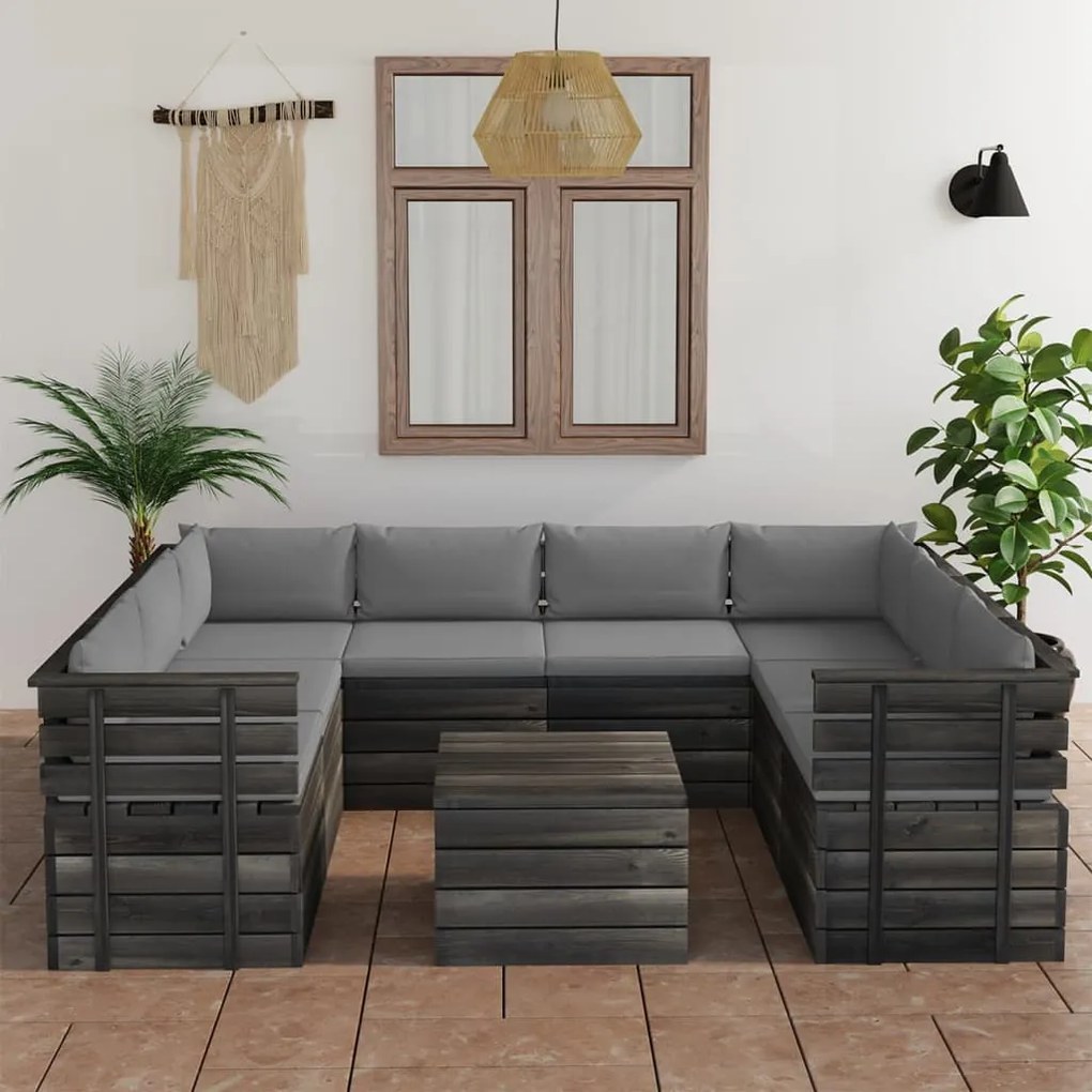 Set divani da giardino su pallet 9 pz con cuscini massello pino