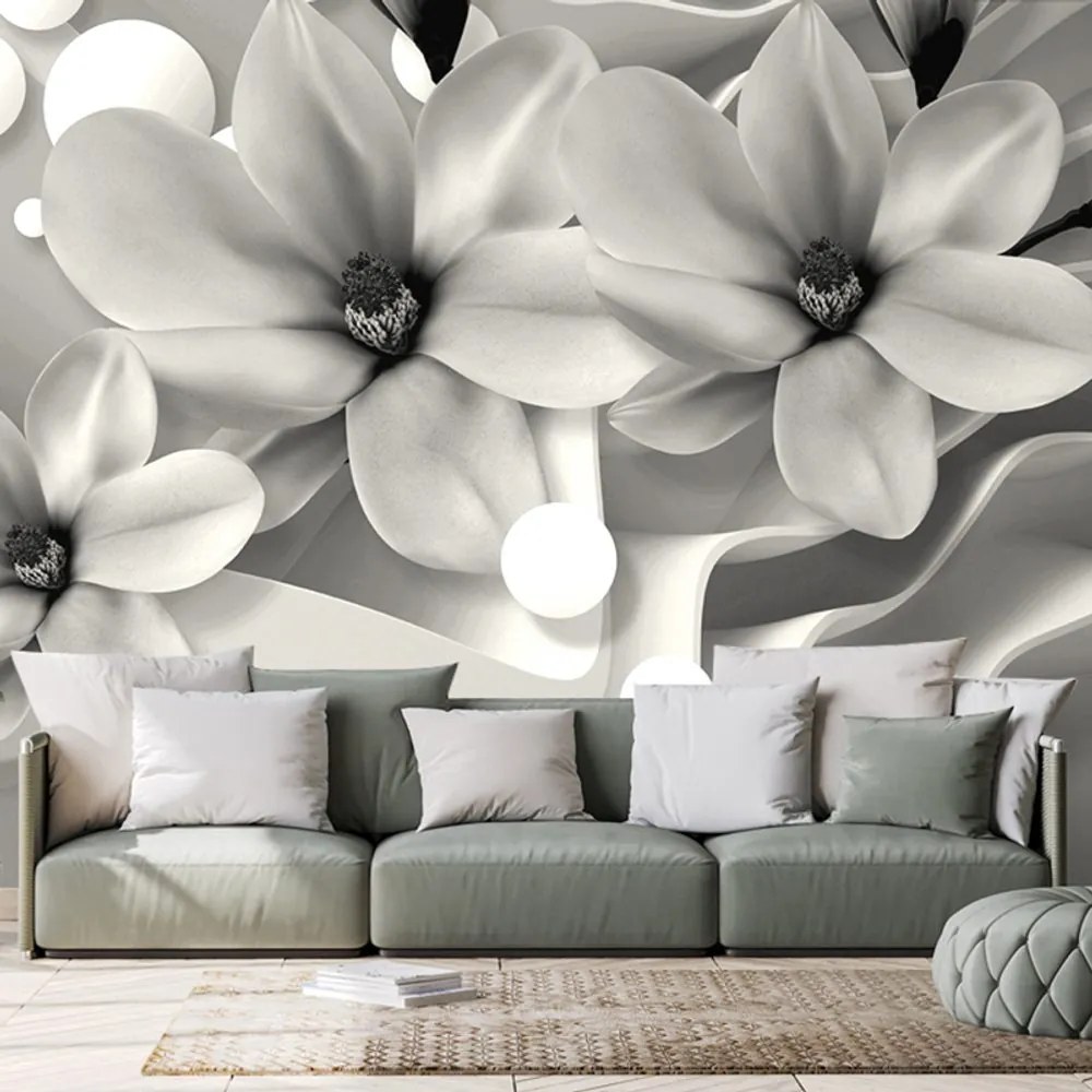 Carta da parati – Magnolia in bianco e nero su sfondo astratto