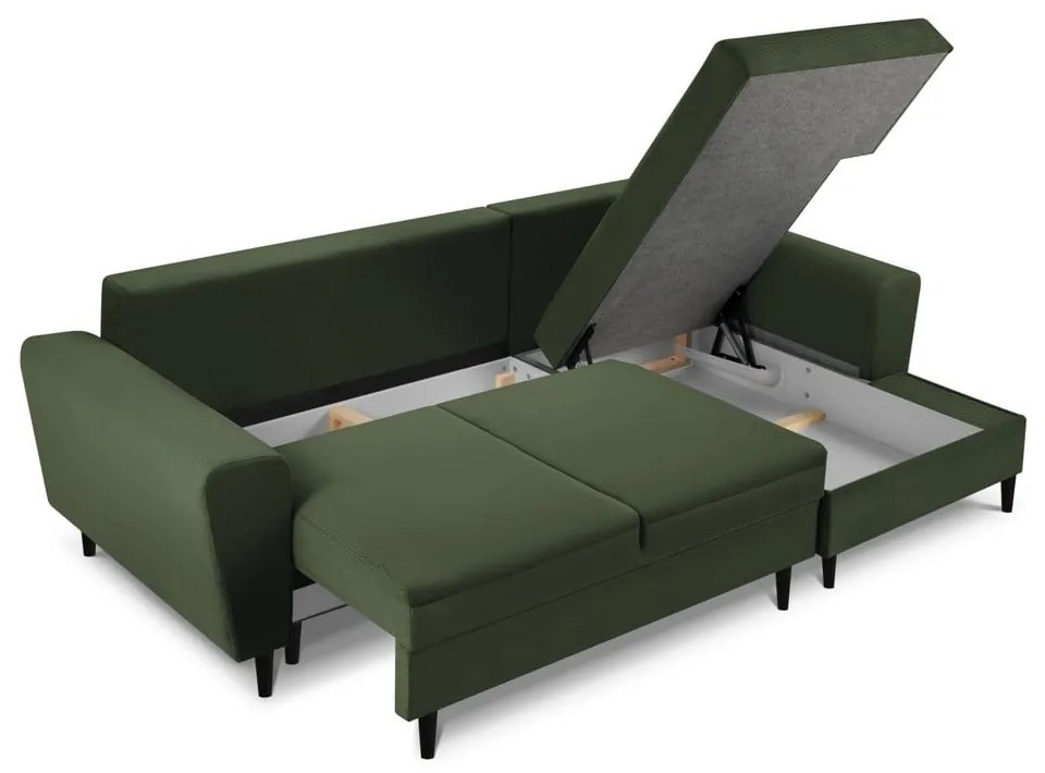 Divano angolare verde allungabile e con contenitore (con penisola a destra/con chaise lounge) con rivestimento in velluto a coste Kyoto – Cosmopolitan Design