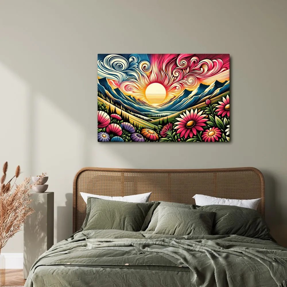 Quadro su tela – Paesaggio luminoso con fiori e sole