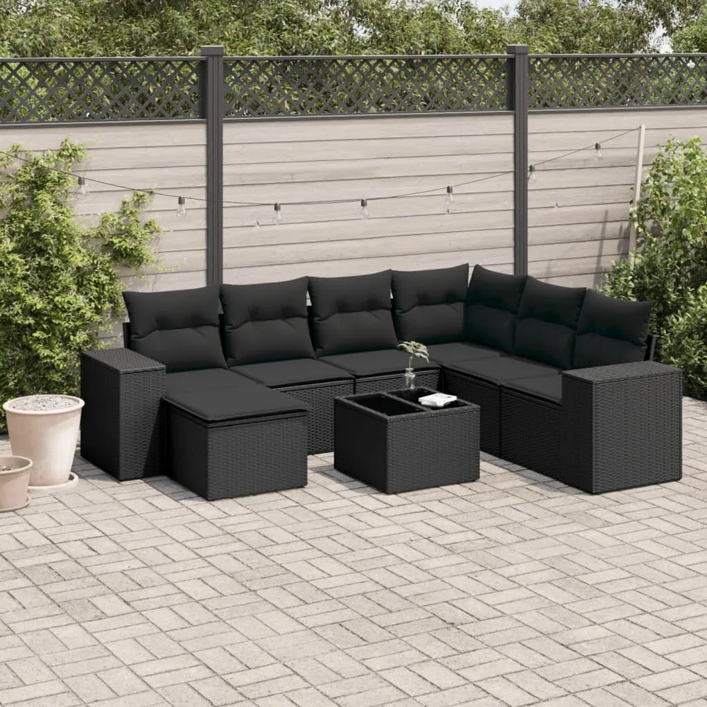 Set divani da giardino con cuscini 8 pz nero in polyrattan