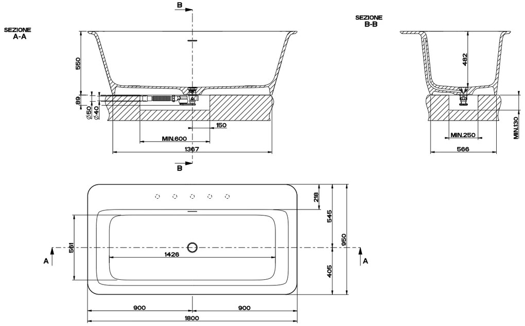 Vasca 180x96 freestanding o da incasso con bordo laterale con scarico in cristalplant bianco opaco Rettangolo 37591 Gessi