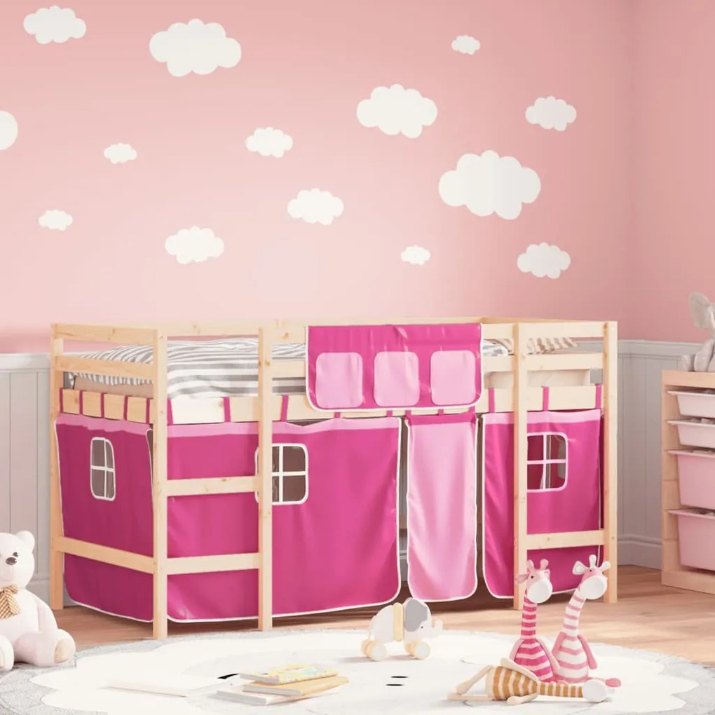 Letto a soppalco con tende bambini rosa 80x200 cm massello pino