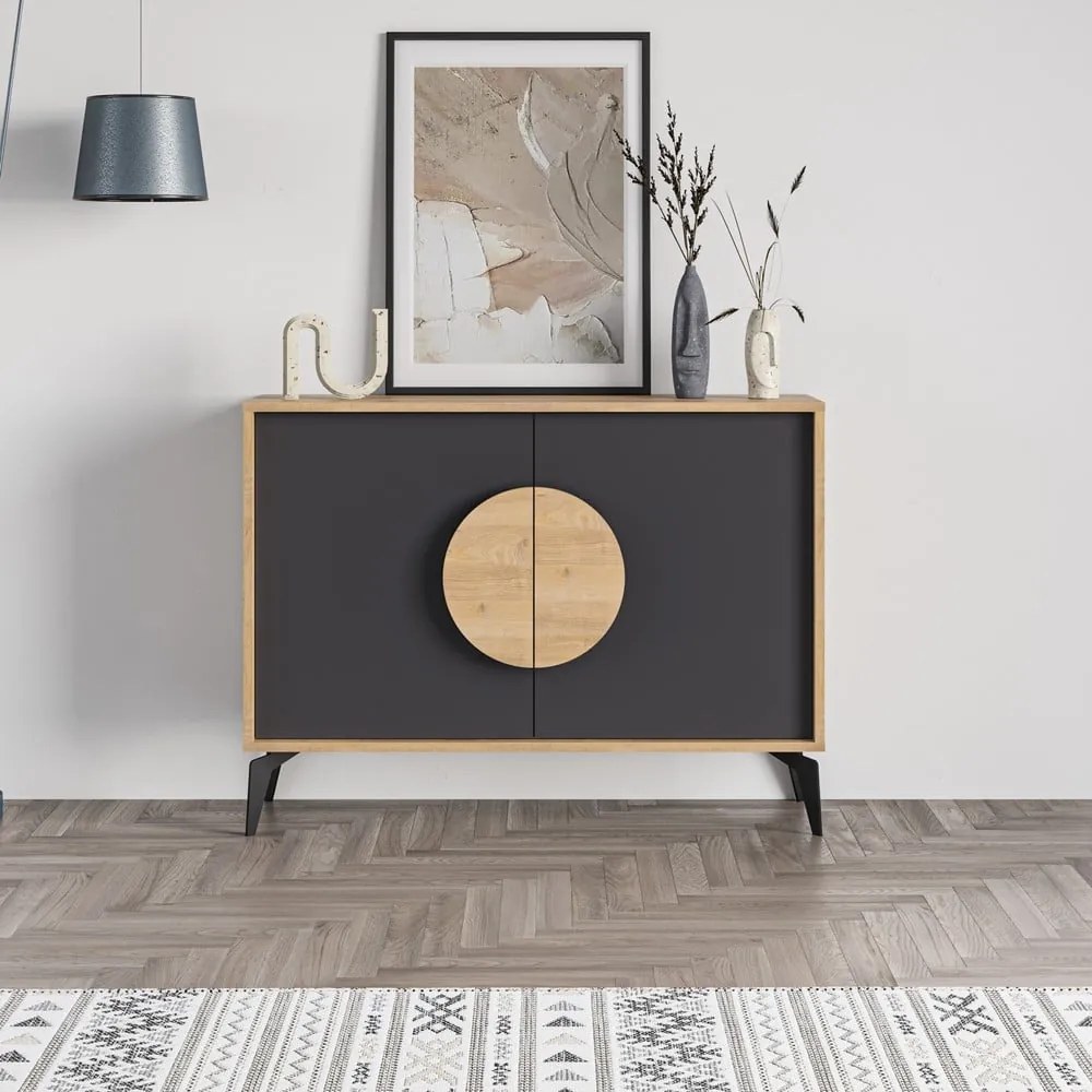 Cassettiera bassa in rovere decorato in nero-naturale 110x82 cm Vae - Marckeric