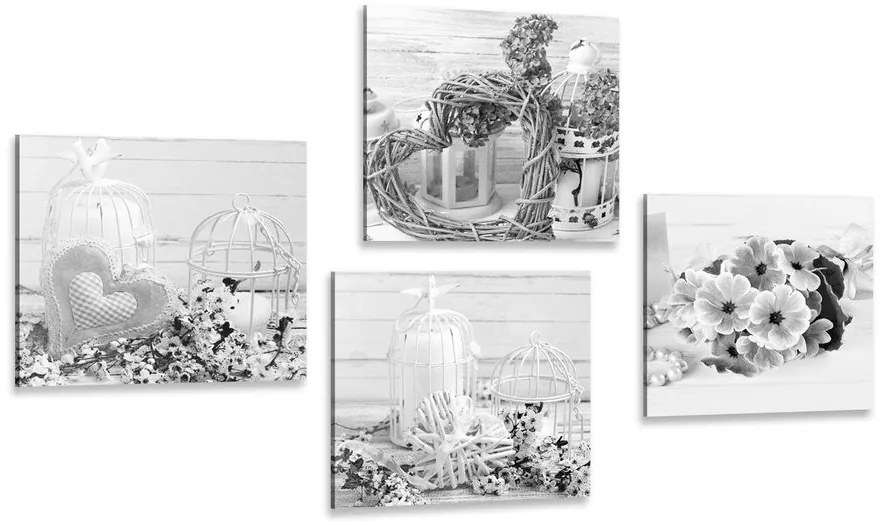 Set di quadri – Lanterne in bianco e nero con bouquet