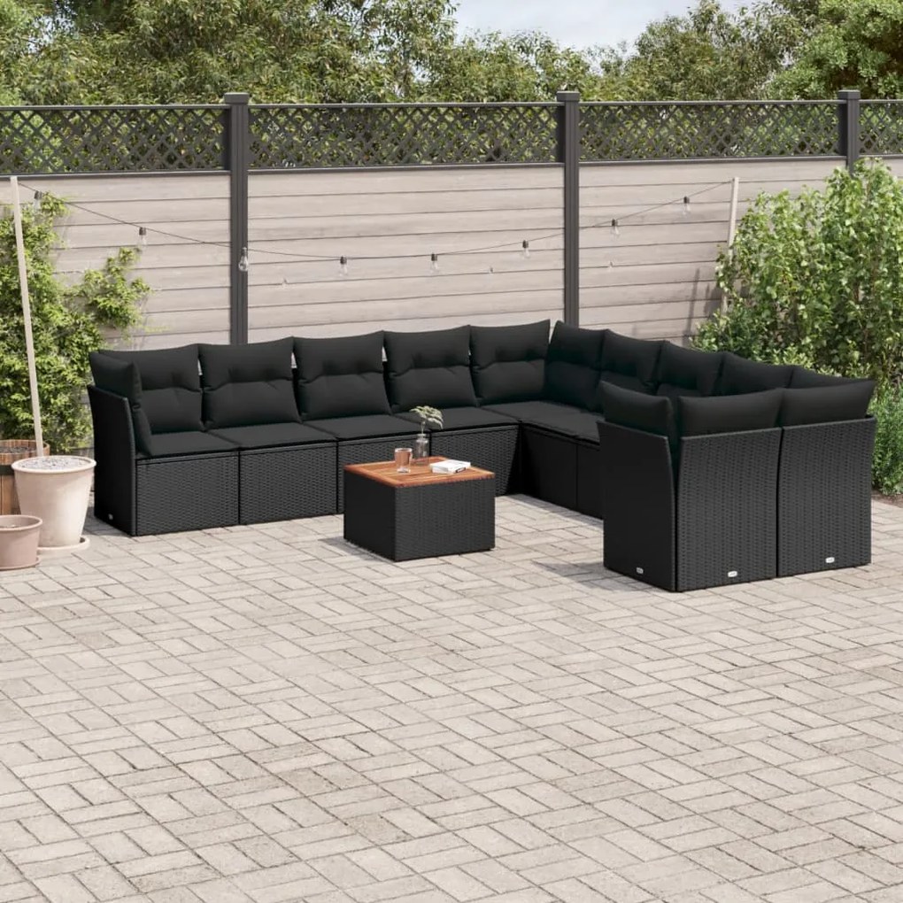 Set divani da giardino 11 pz con cuscini in polyrattan nero