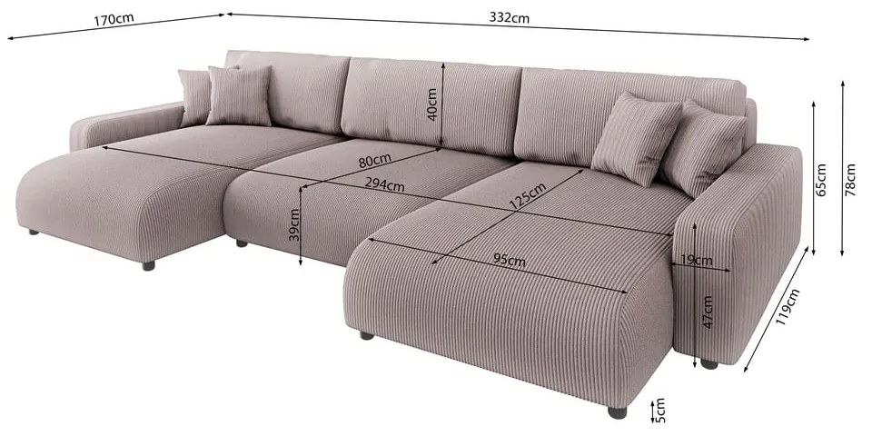 Divano angolare rosa chiaro allungabile/con contenitore (a U) con rivestimento in velluto a coste Sara – Ropez