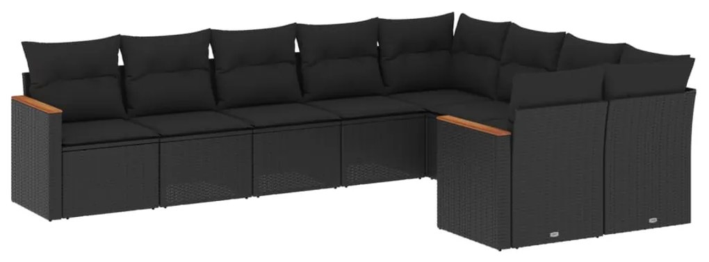 Set divani da giardino 9 pz con cuscini nero in polyrattan