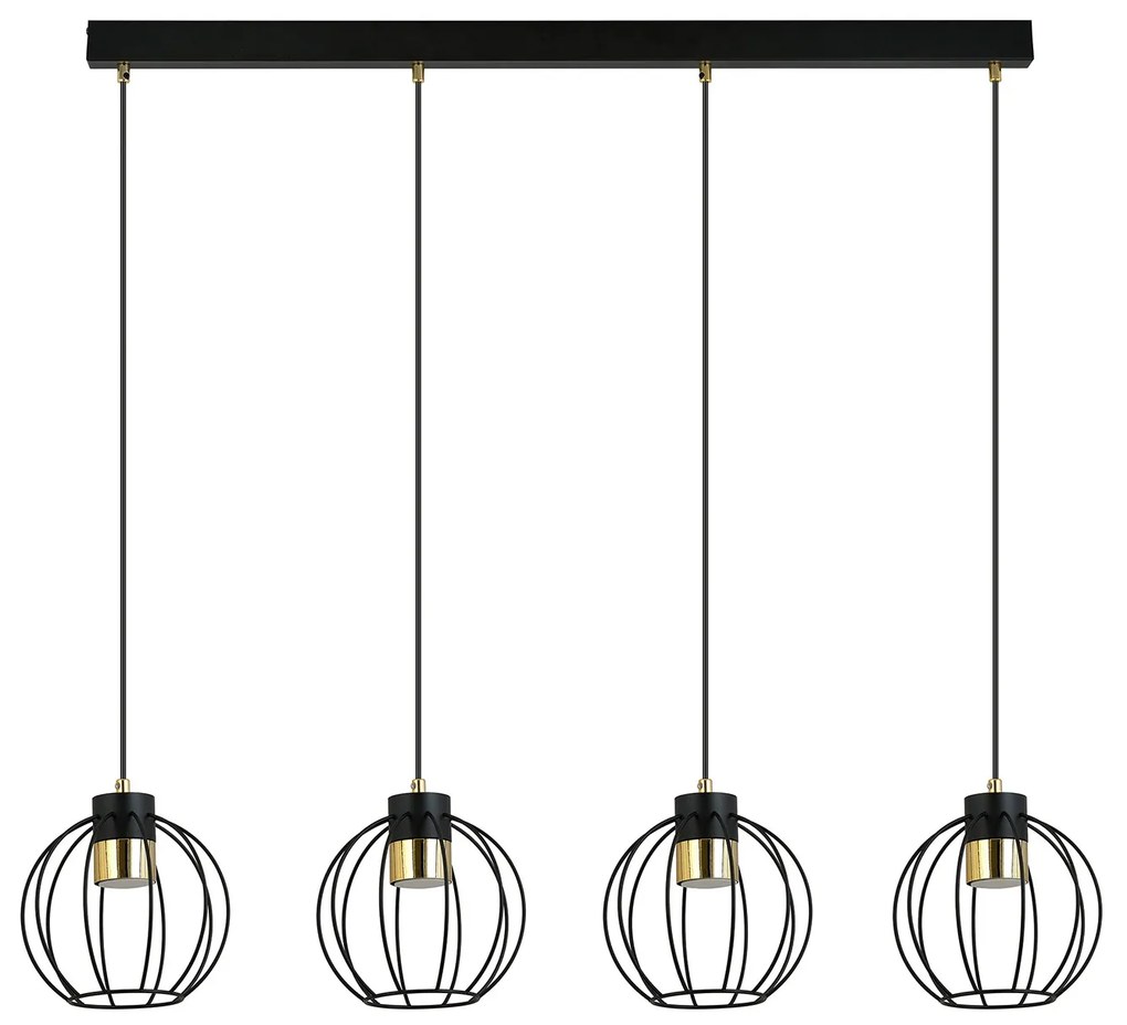Sospensione Minimal Orfeo 4 Luci In Acciaio Nero A Paralumi Gabbia Con Oro