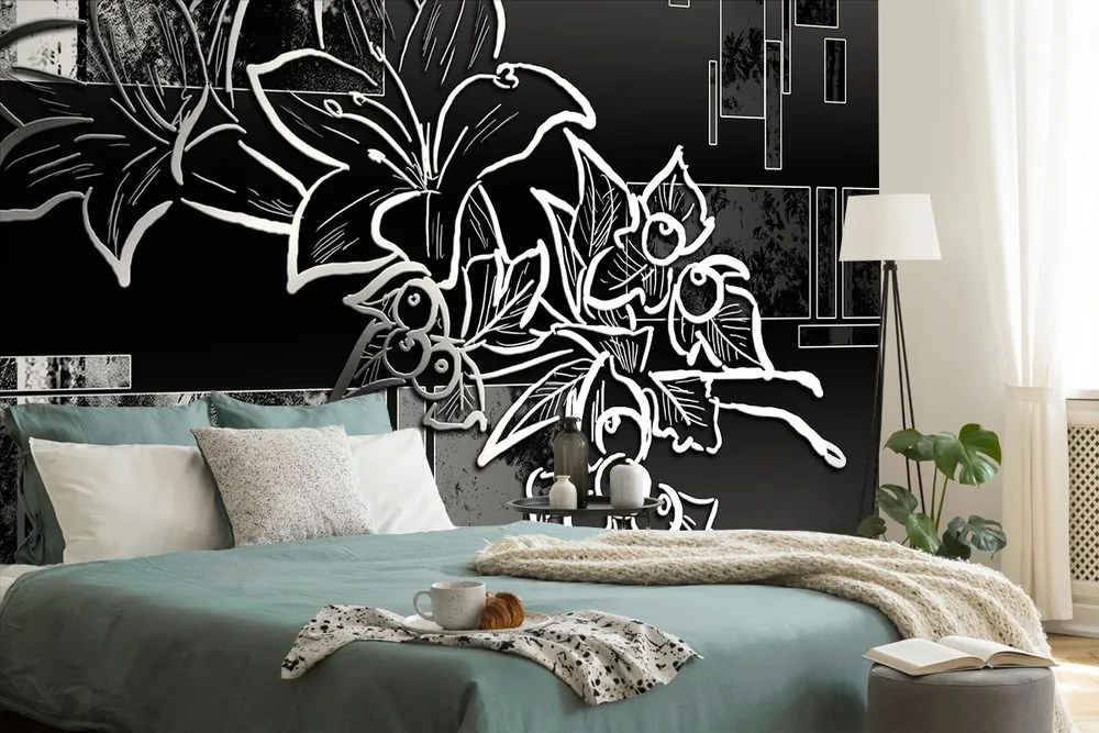 Carta da parati autoadesiva – Illustrazione floreale in bianco e nero