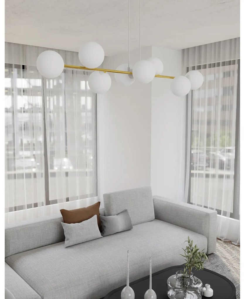 Sospensione Contemporanea Rhiannon 8 Luci In Acciaio Bianco E Oro E Vetro Bianco