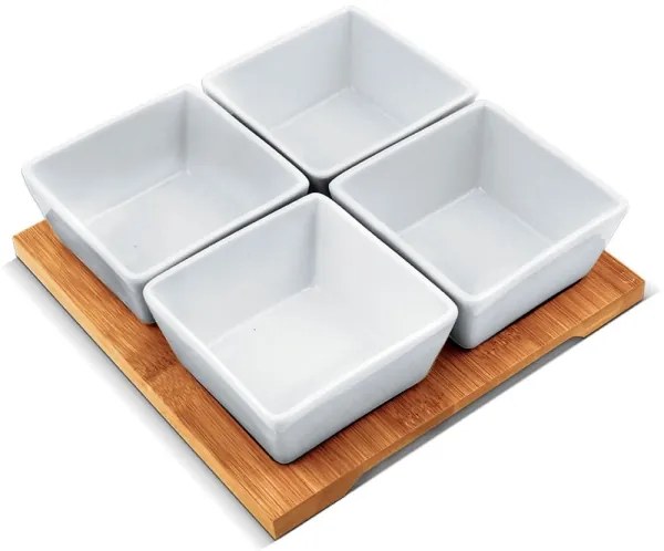 Lamart - Set 4 ciotole in porcellana 19x19 cm + vassoio in legno