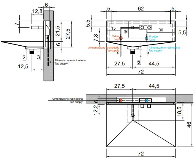 Antonio Lupi Lavandino Lavabo A Parete 27,5x44,5x72 cm Con Rubinetto integrato in acciaio inox