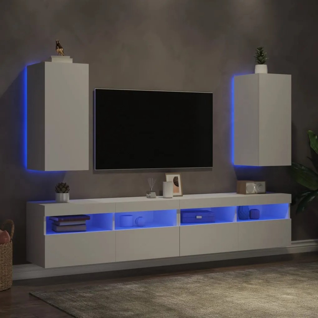 Mobili tv a parete con luci led 2pz bianchi 30,5x35x70 cm