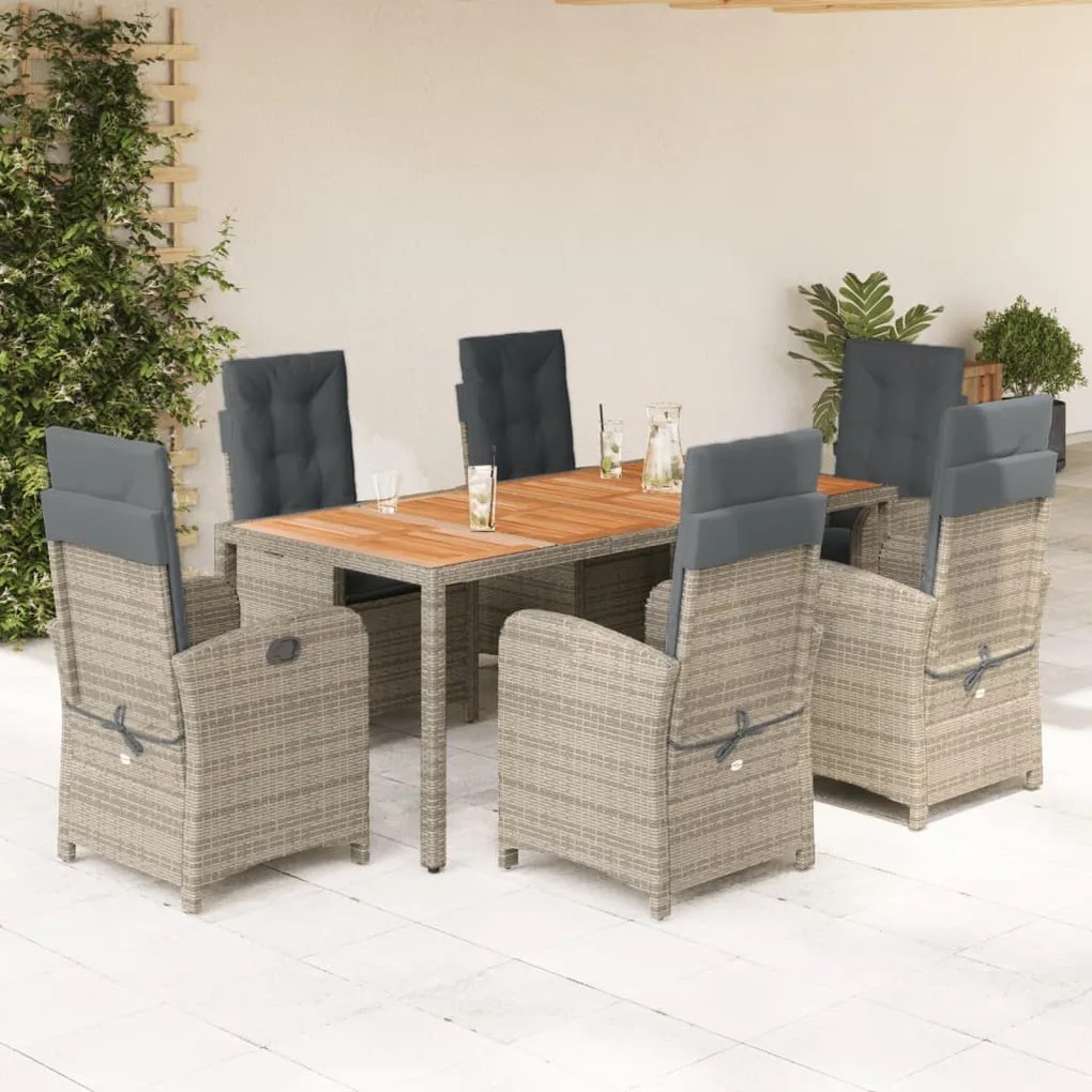 Set da pranzo da giardino 7 pz con cuscini in polyrattan grigio