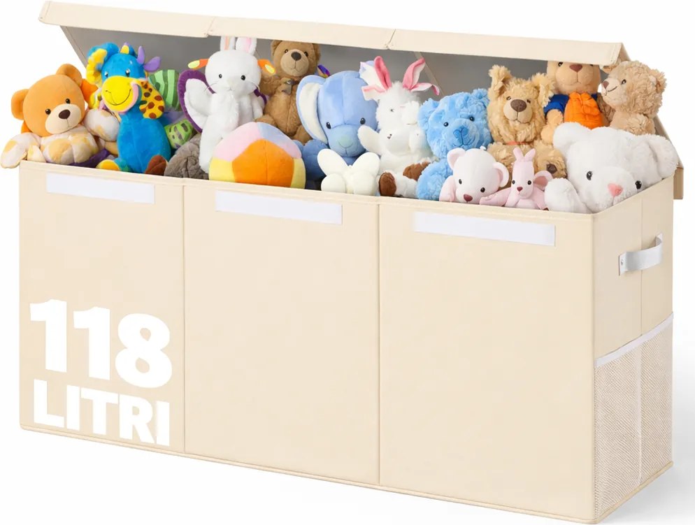 Box Contenitore per Giocattoli 91,5x32x40,5 cm Pieghevole 3 Scomparti 118L in TNT Beige...