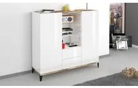 Credenza moderna a 2 ante e 2 cassetti, Made in Italy, Madia con ripiani, Buffet di design da ingresso, Cm 120x40h133, Bianco lucido e Acero