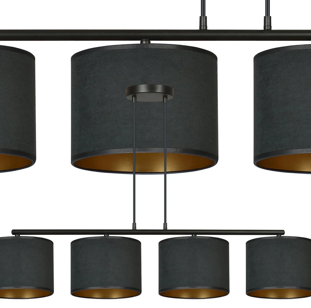 Lampadario 4 Luci Ganesha In Acciaio Nero E Paralumi In Tessuto Nero