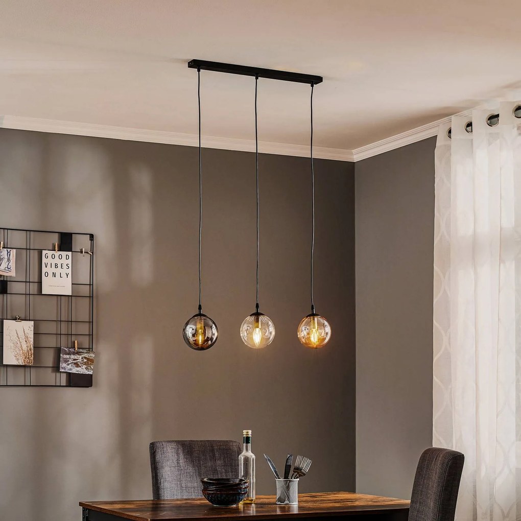 EMIBIG LIGHTING Lampada a sospensione Glassy, a 3 luci, diritta, grafite/ambra/trasparente,