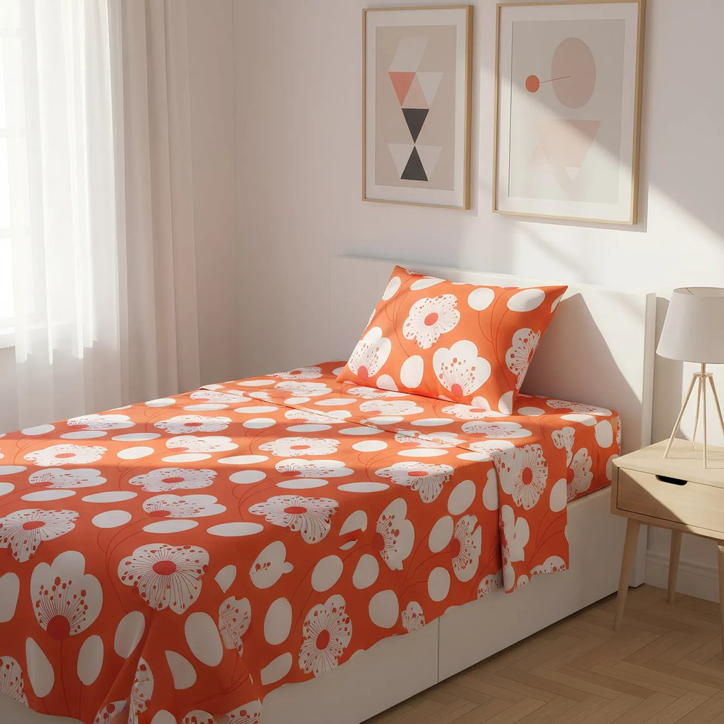 Completo letto 1 piazza e mezza corallo fiori bianchi