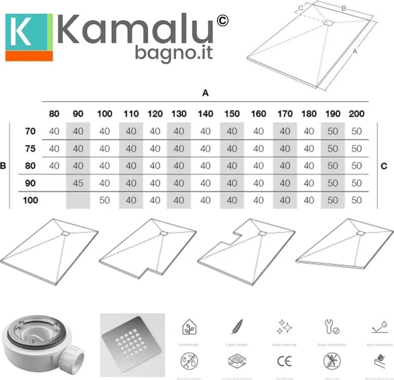 Kamalu - Piatto doccia 80x160 pietra colore tortora | KAM-CP100