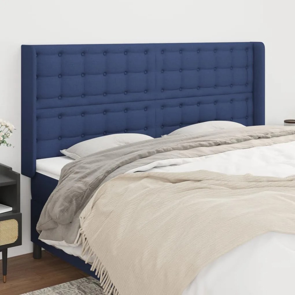 Testiera Ad Orecchio Blu 163x16x118/128 Cm İn Tessuto /